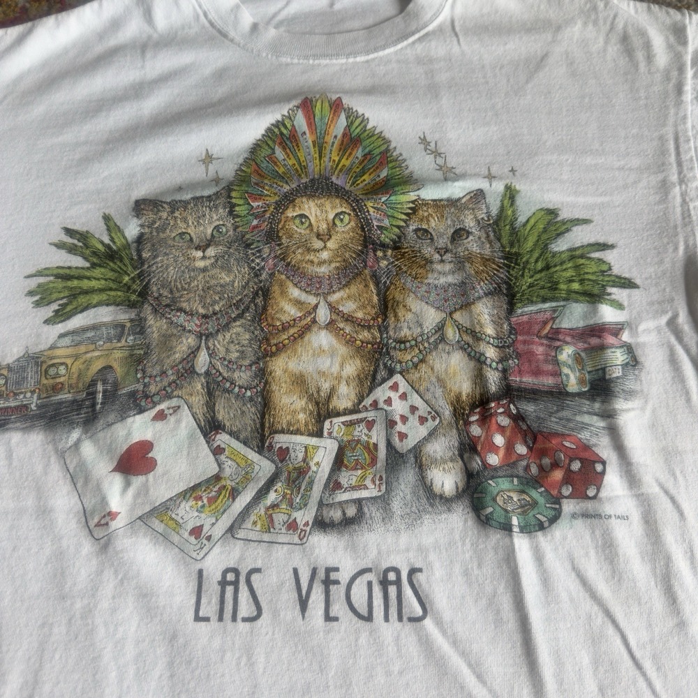 Vtg Prints of Tails‎ Las Vegas Cats Graphic T-Shirt USA Double Sided 1990's Sz L - Picture 2 of 5